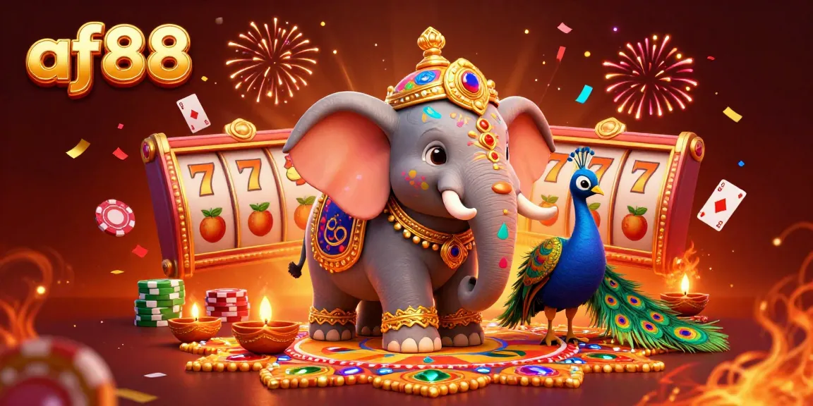 Engage with thrilling casino games at af88, featuring colorful elephant and peacock in a lively setting.