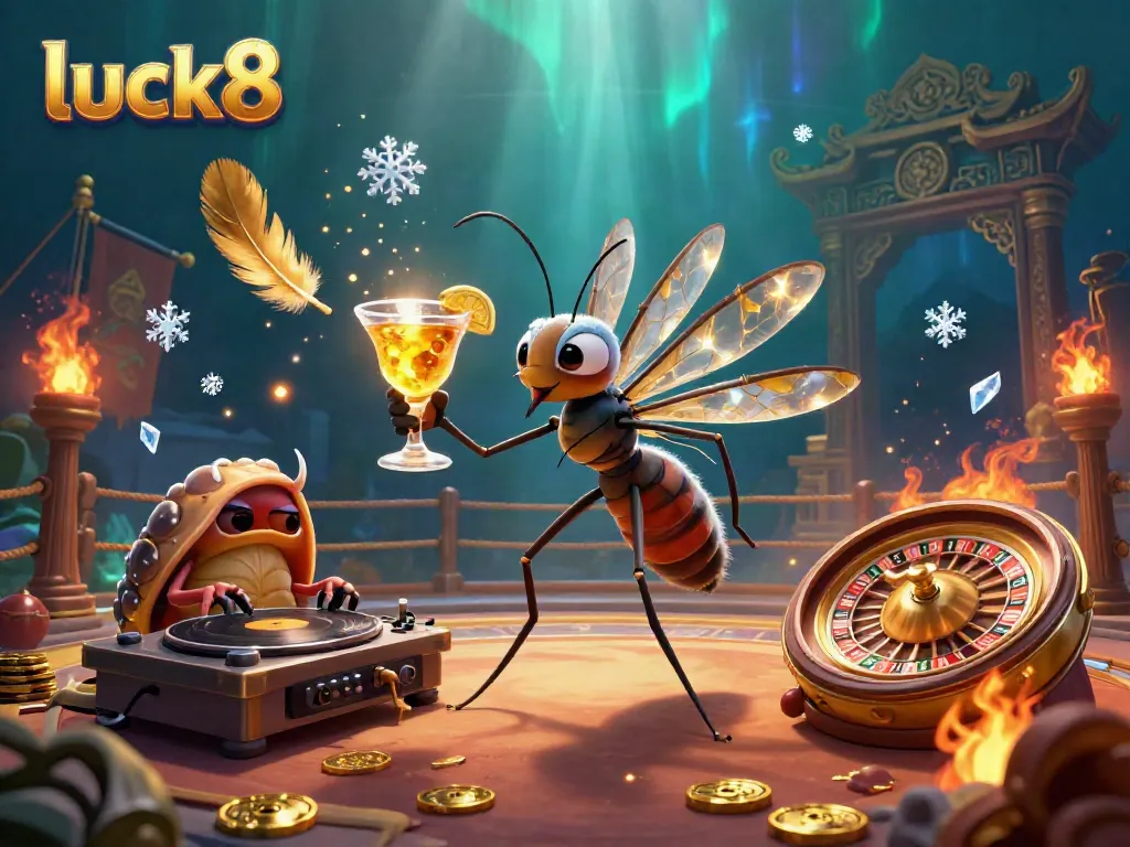 Engage with luck8's vibrant casino scene featuring a frozen mosquito mascot, trilobite DJ, and golden roulette.