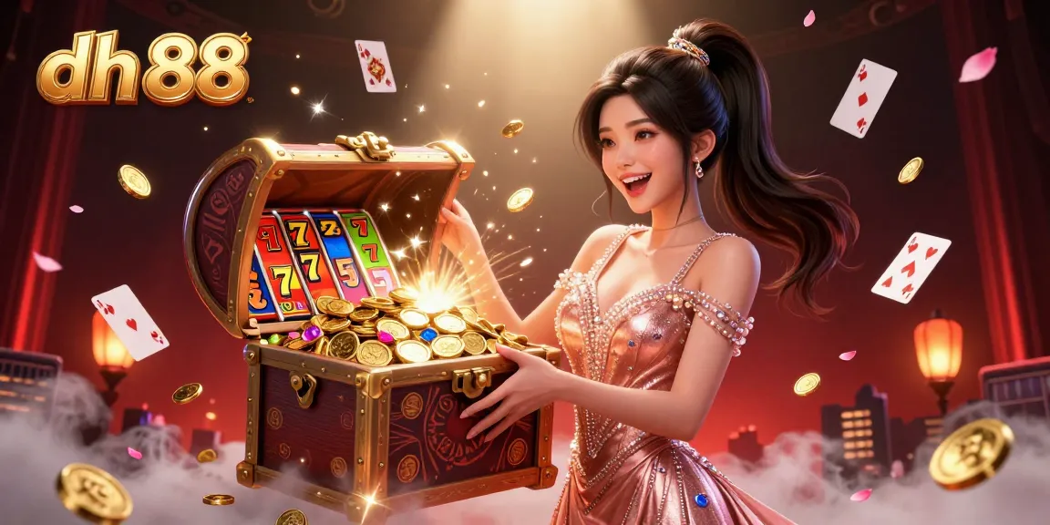 Engage with thrilling dh 88 casino excitement as a beautiful woman reveals treasure amidst vibrant gaming elements.