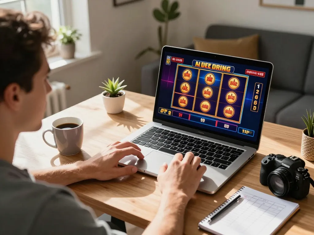 Player enjoying an exciting online gaming session at C168 with slot machine graphics displayed on a laptop.