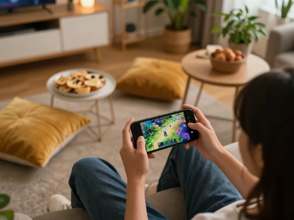 Engaging gameplay of game bài on a smartphone in a cozy home setup with snacks.