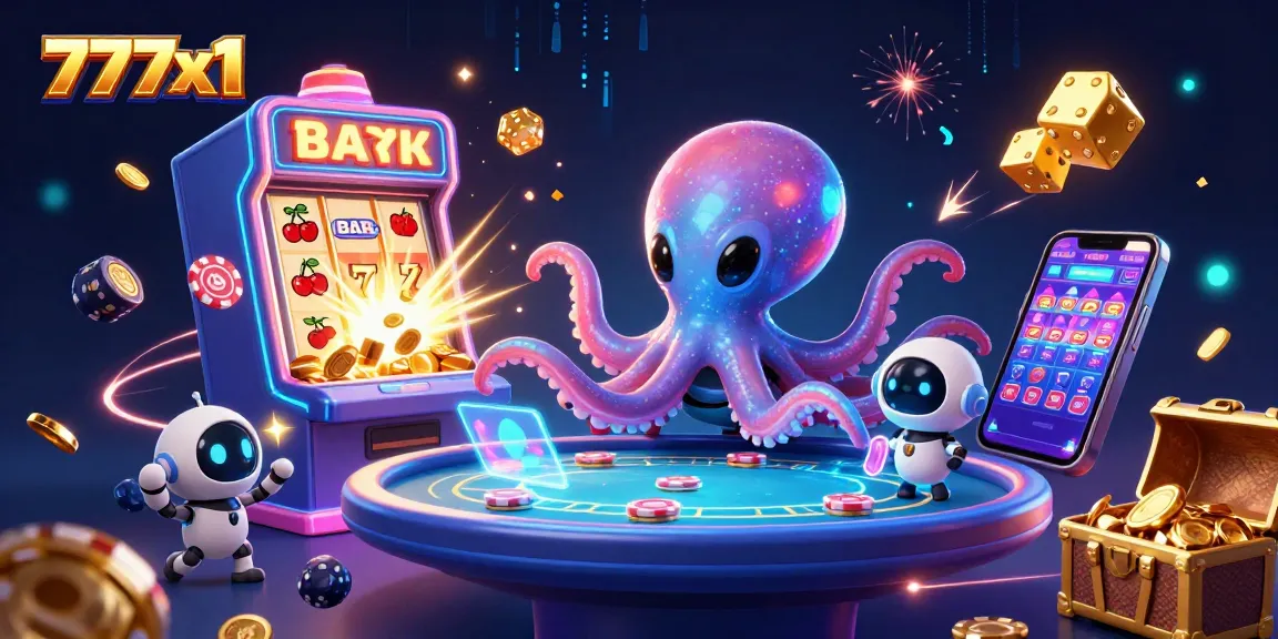 Experience exciting gameplay in 777x1's dynamic casino universe with an alien octopus managing a poker table.