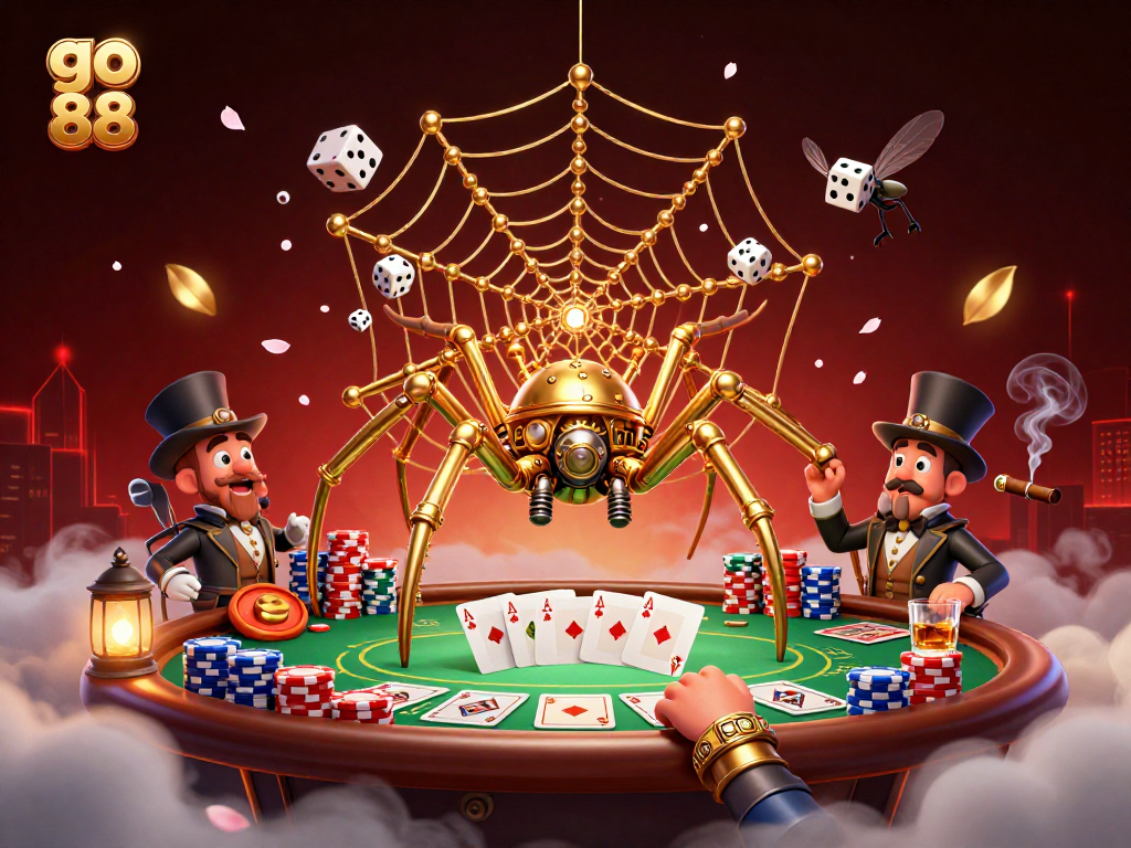 Engage with go 88's vibrant casino world, featuring a steampunk spider and card games.