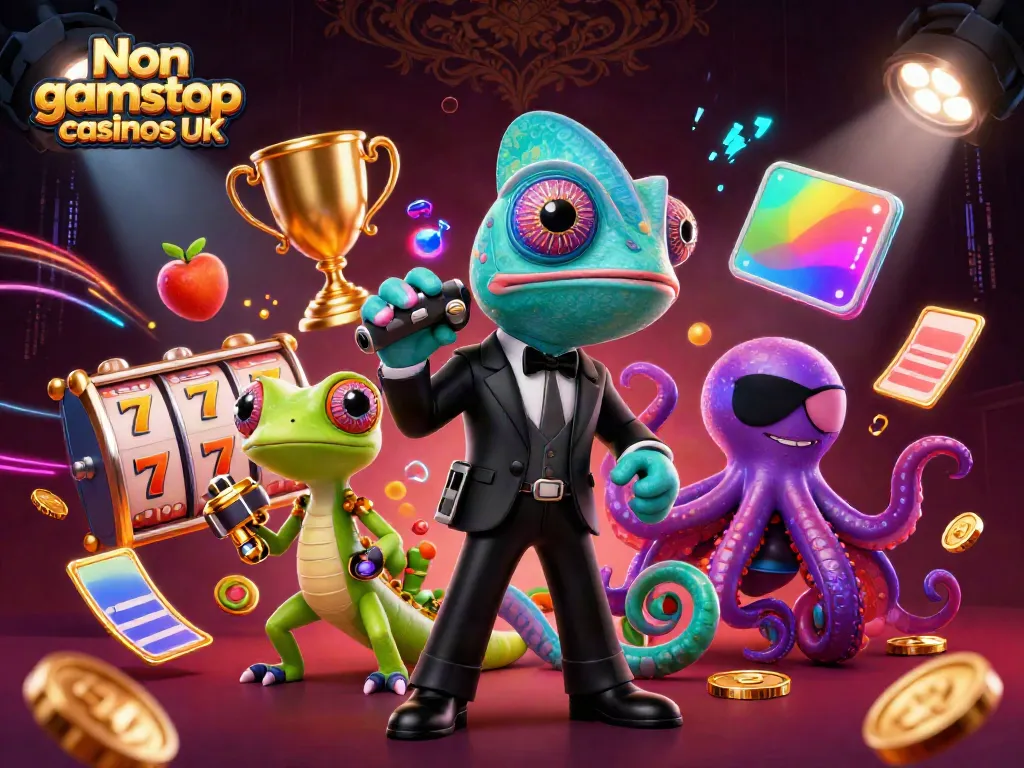 Engaging 3D illustration of Non gamstop casinos UK featuring vibrant characters and slot elements.