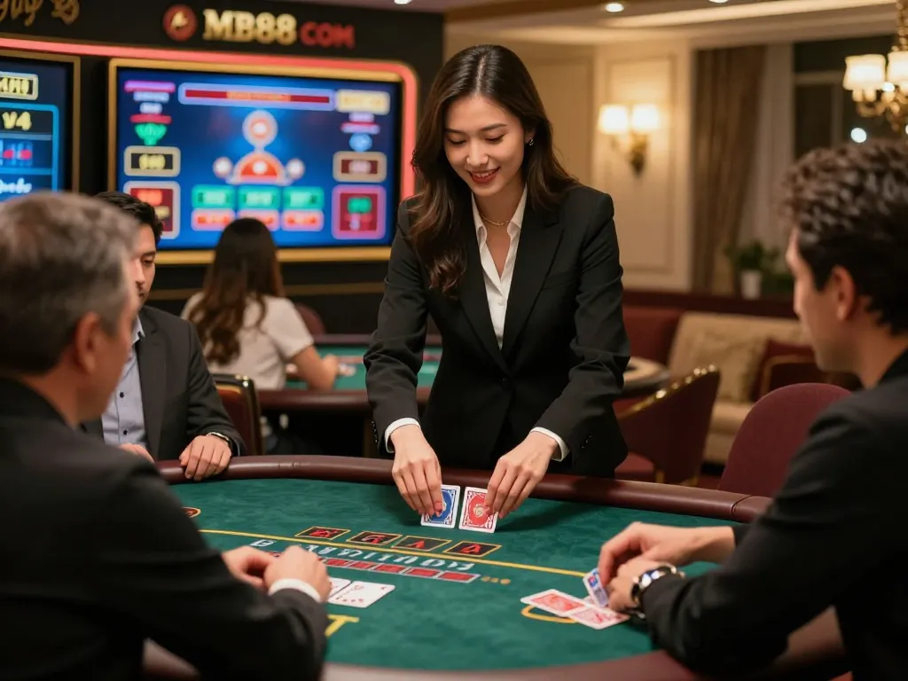 Engaged players at a live dealer blackjack table online on MB88 COM, highlighting strategic gameplay and excitement