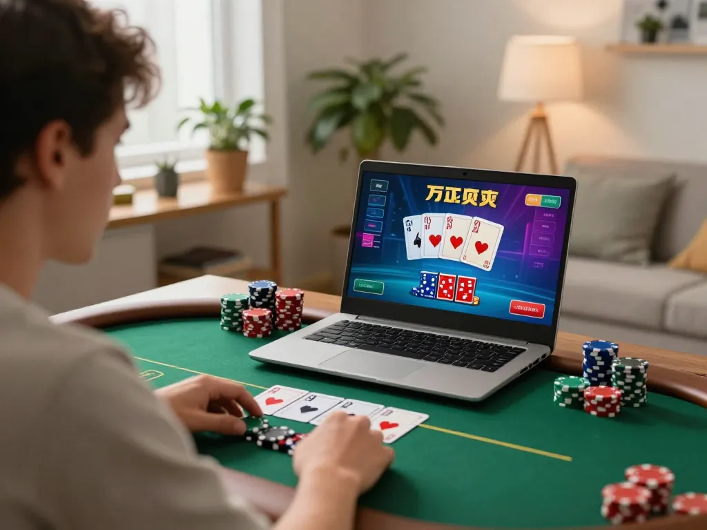 Player strategizing during online poker at SHBET .COM, showcasing engaging gameplay in a vibrant setup.
