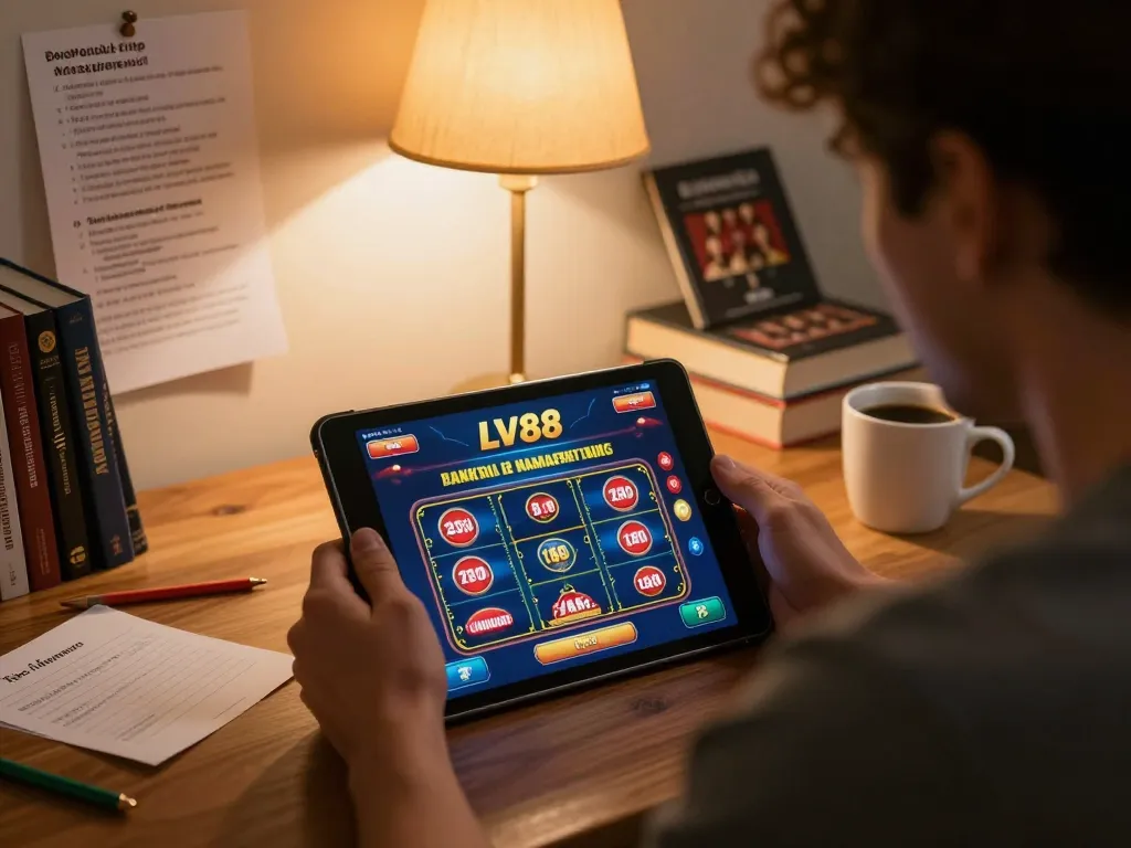 Player engaging with LV88 online casino on tablet, highlighting strategic gameplay in cozy home setting.