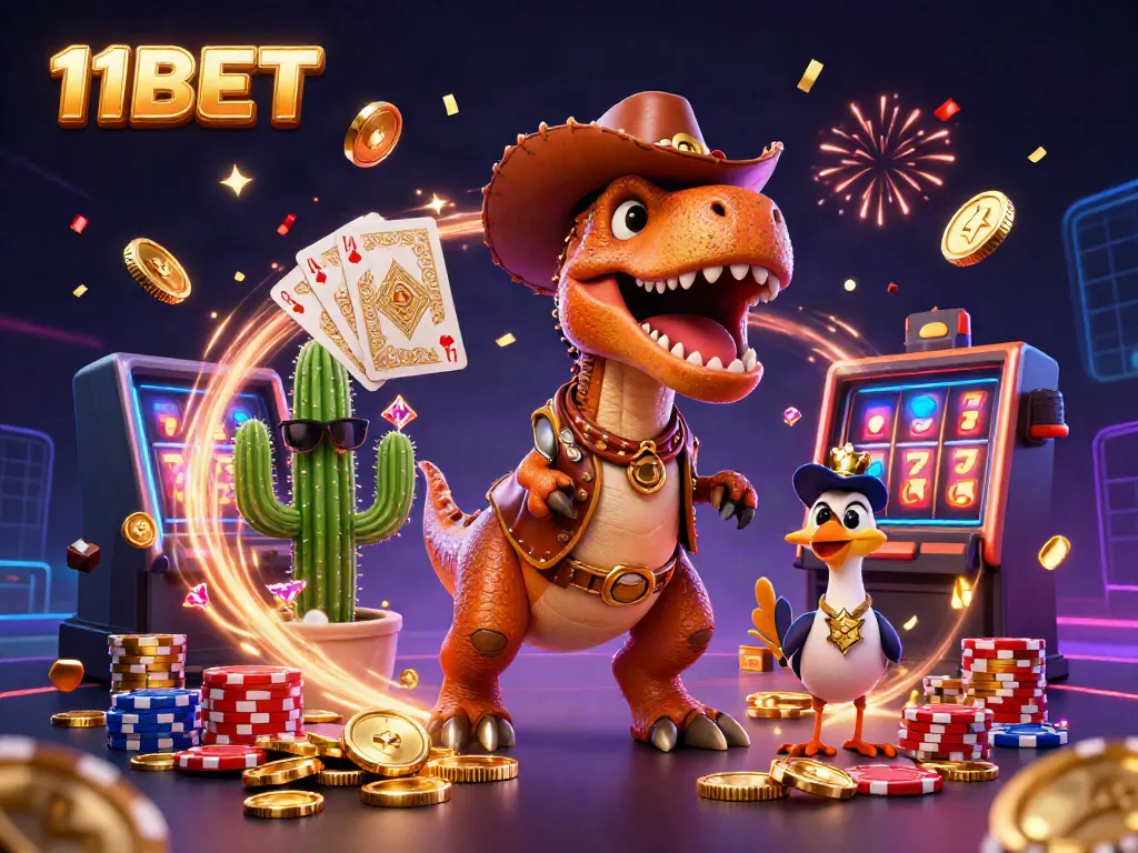 Experience thrilling gameplay with 11BET's cartoon characters celebrating casino wins amidst coins and cards.