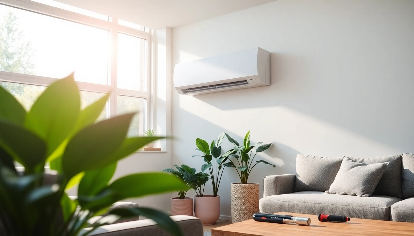 Install a mini split ac system in a stylish living room with modern decor and natural light.