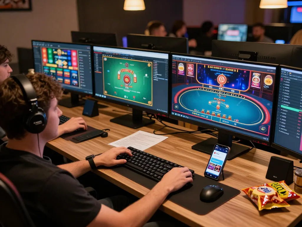 Engaged player strategizing bets on CM88's online casino platform with multiple screens