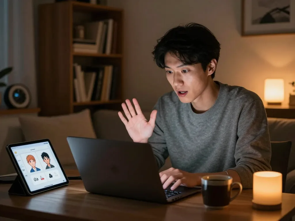 Engaged user experiencing nsfw ai chat on laptop in cozy, ambient space with character design options visible.