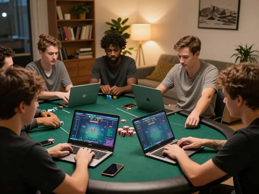 Players enjoying an online poker game on laptops at home, showcasing the engaging atmosphere of nhà cái SHBET.