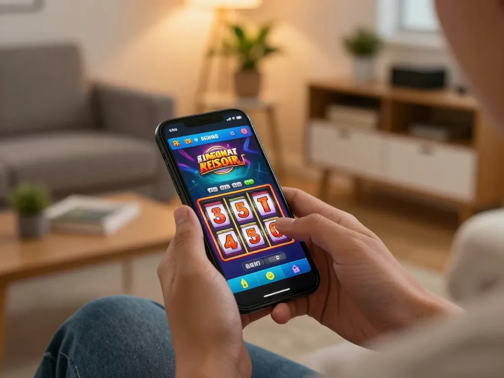 Engaged player exploring BL555 mobile casino app in cozy home setup with warm ambiance