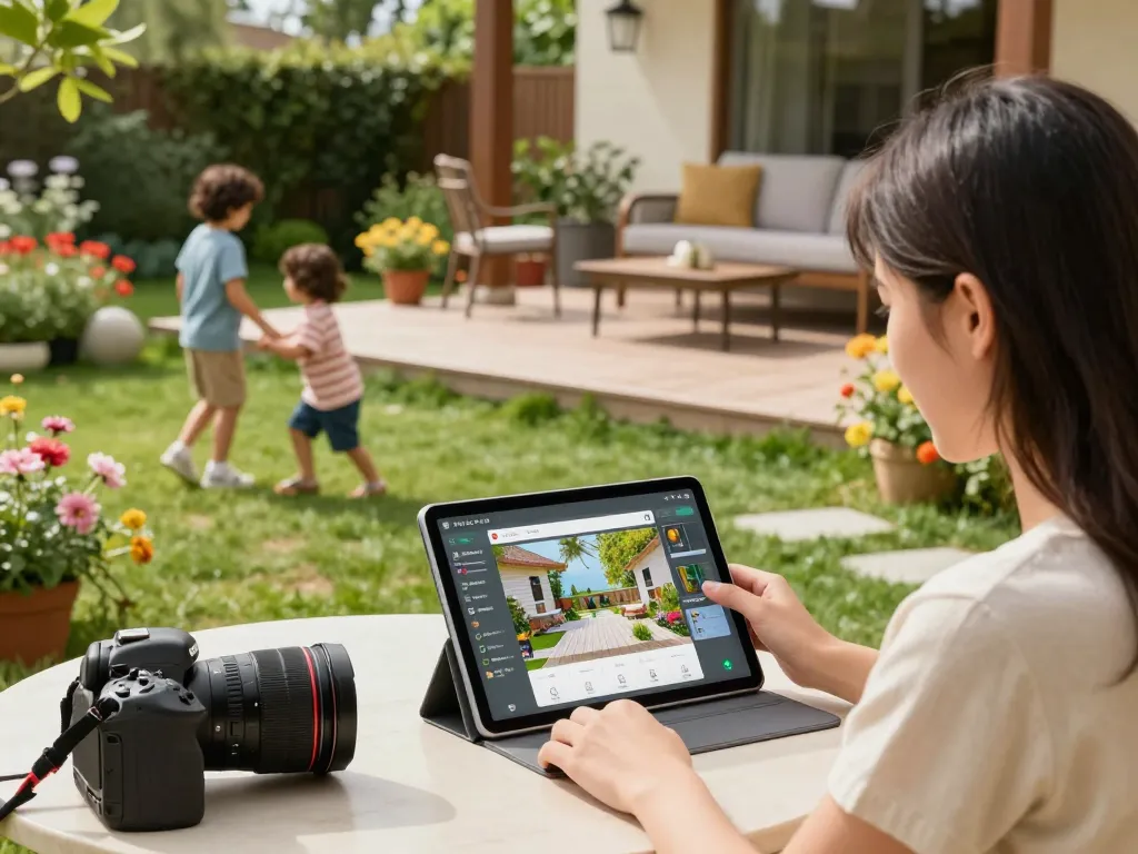 Family engaged with a veranda configurator outdoors, customizing their design amidst vibrant flowers and sunny atmosphere.