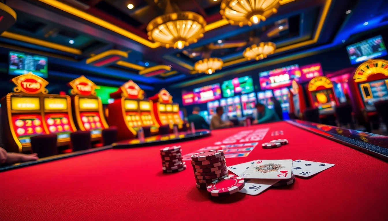 Players experiencing the thrill of gambling at TG88 casino with vibrant poker tables and exciting slot machines.