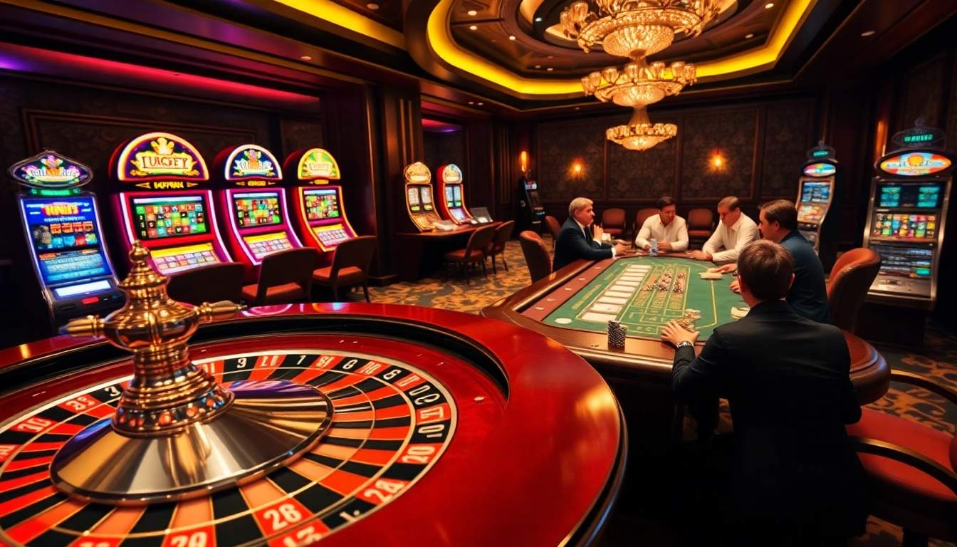 Engaging scene of a casino's vibrant roulette and poker tables highlighting the excitement of LC88.bio.