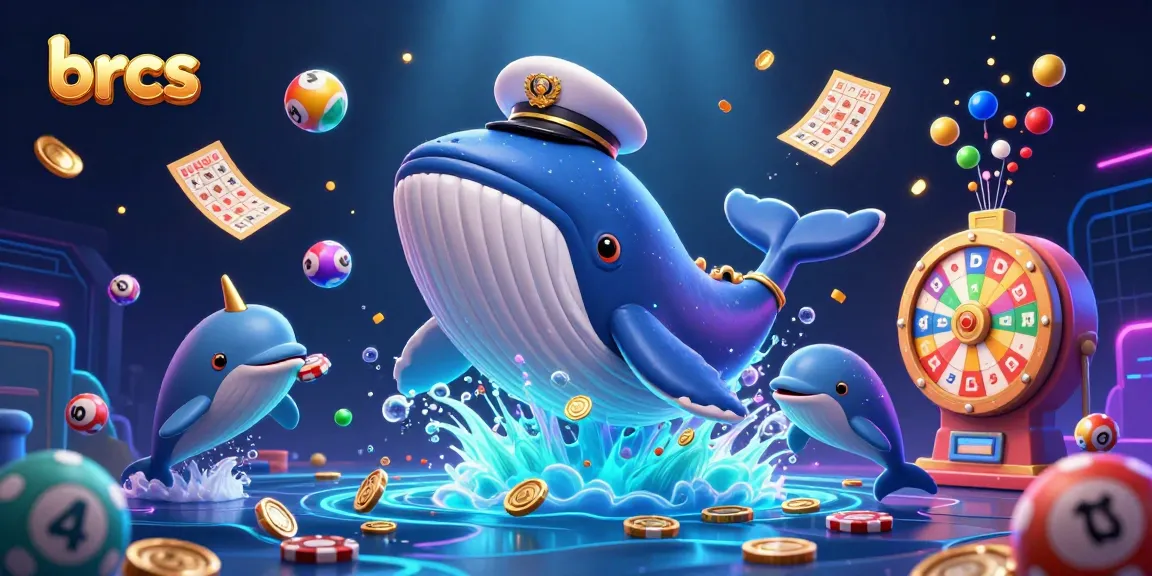 Engage with brcs in a vibrant 3D casino scene featuring a whale breaching through coins, surrounded by joyful gaming elements.