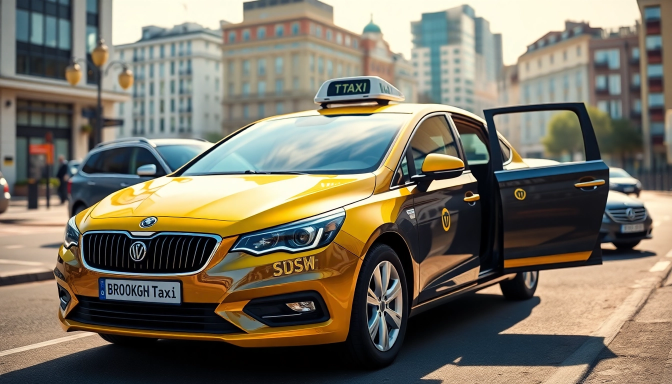 Brooklands taxi service showcasing a modern vehicle amid a vibrant cityscape backdrop.