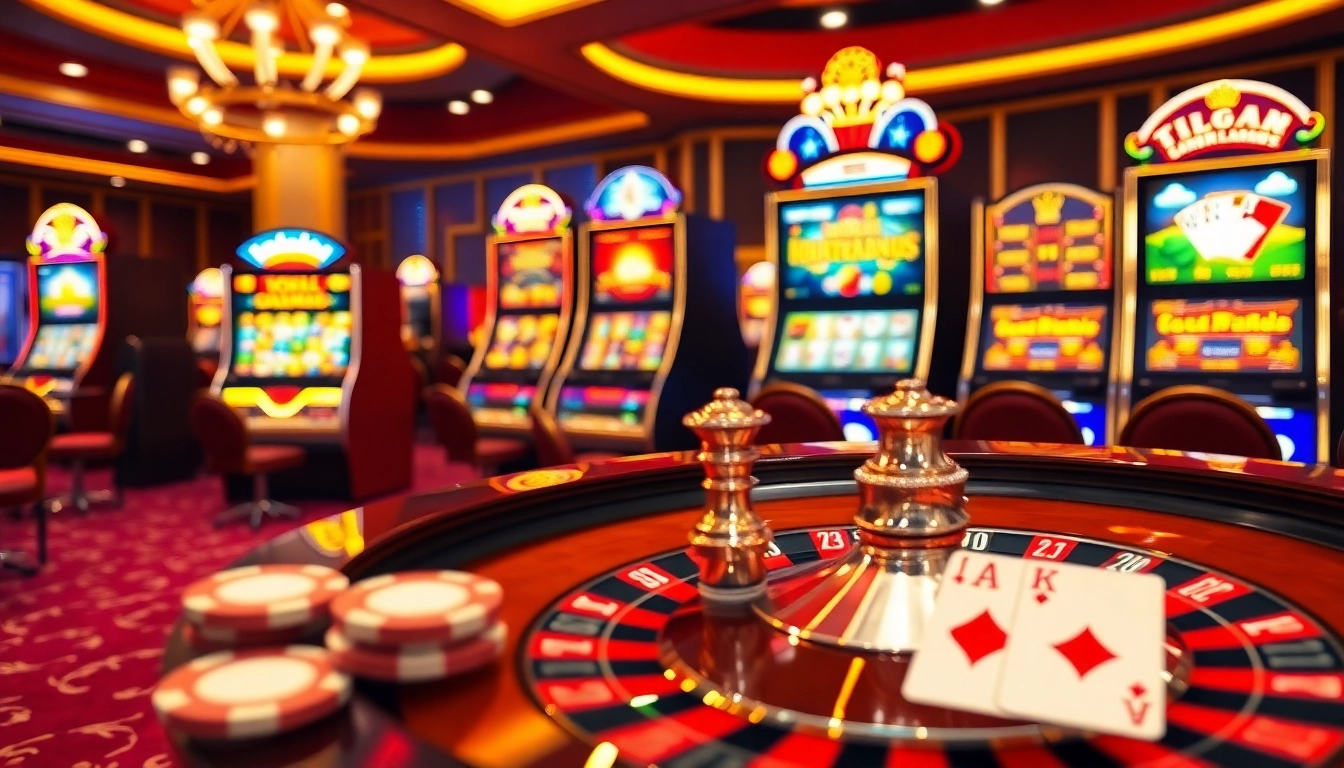 Experience the exhilarating action at TG88 .COM with a vibrant online casino setup featuring roulette, poker chips, and slot machines.