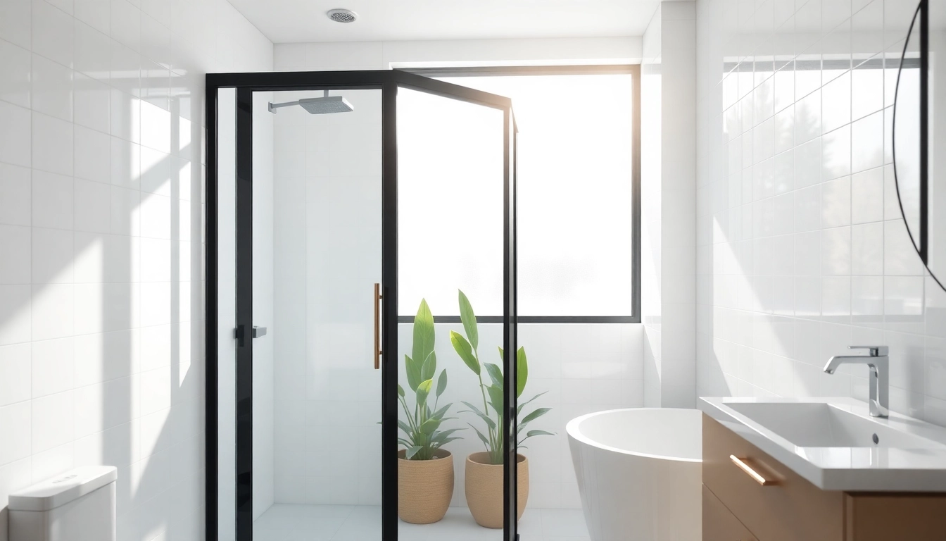 Elegant black frame shower doors complement modern bathroom design with natural lighting.
