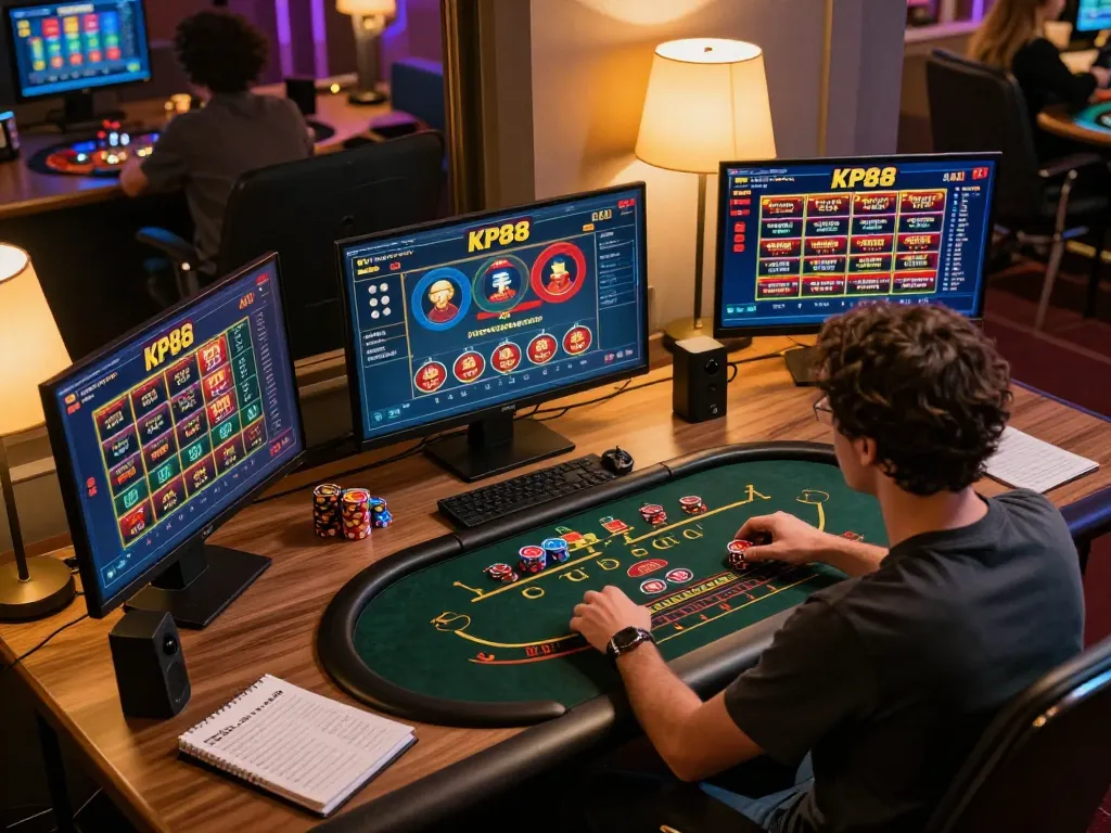 Player engaging with KP88 online casino games on multiple screens, showcasing a responsible gaming environment.