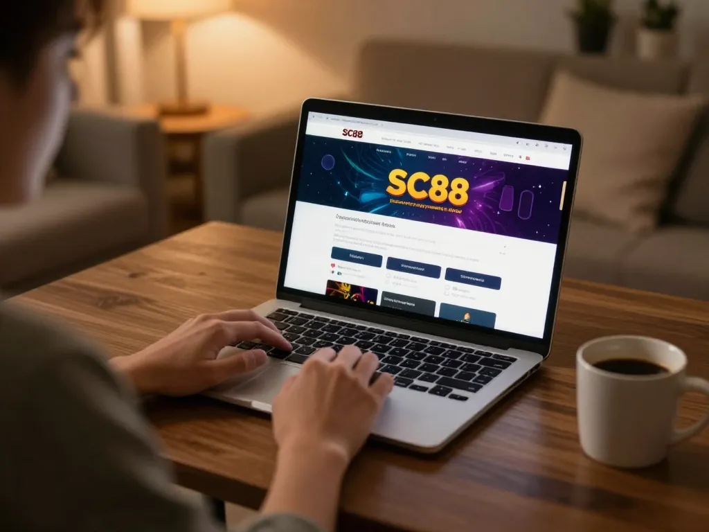 Register SC88 easily with a cozy gaming setup, showcasing a laptop and warm ambiance for responsible betting.