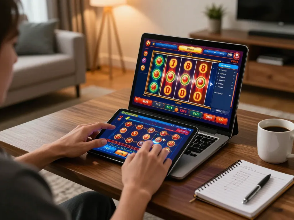 Player engaging in online gaming at GG88, with colorful slot reels displayed on the tablet