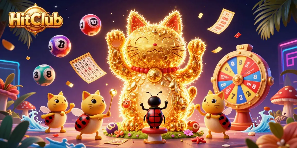 Experience the excitement of HitClub with a vibrant scene showcasing casino symbols, colorful lottery balls, and a waving lucky cat.