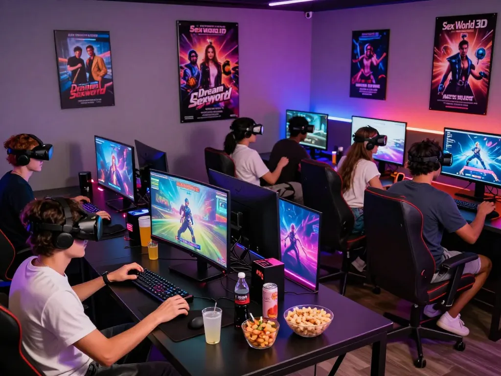 Engaging scene of friends playing interactive sex games together in a vibrant gaming lounge, showcasing the fun of modern adult gaming.