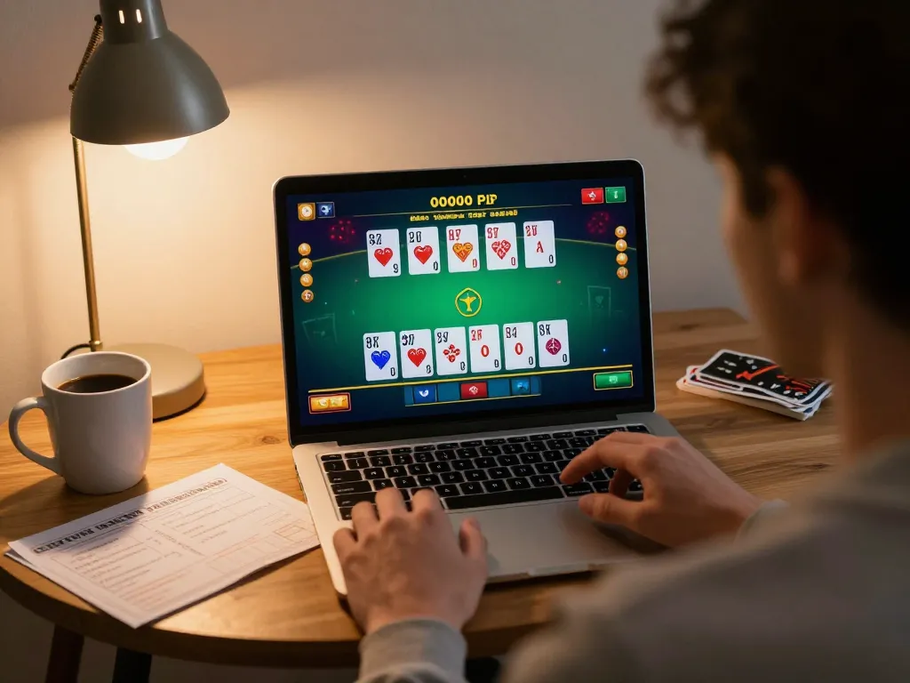 TG88 player strategizing in an online blackjack game at home, focused on winning