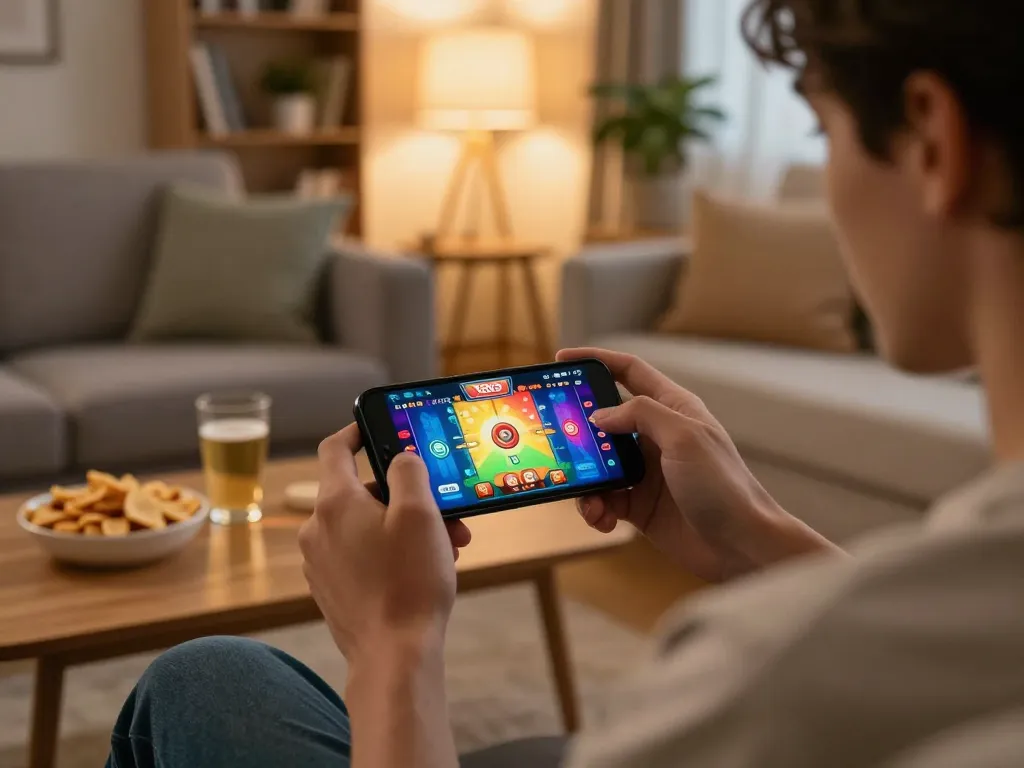 Player using the X88 app for mobile gaming, betting on virtual casino games in a cozy living room.