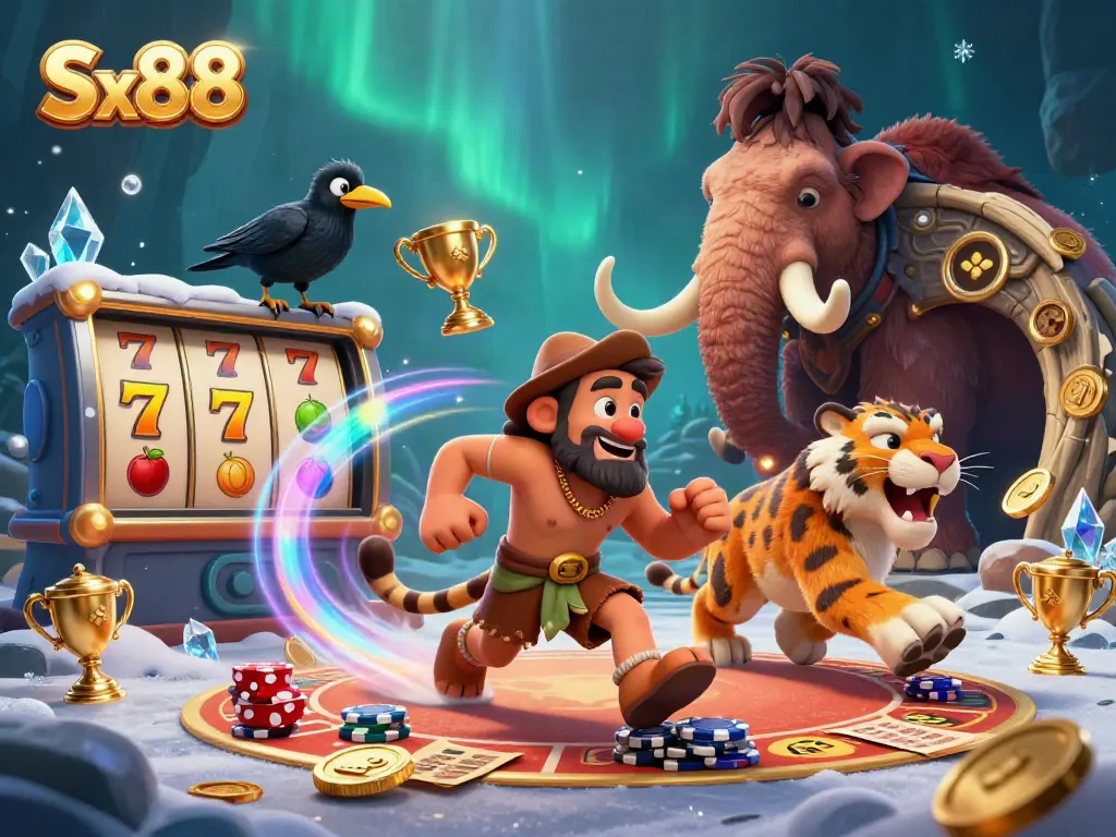Experience thrilling Sx88 gameplay at a unique prehistoric casino with vibrant characters and elements.