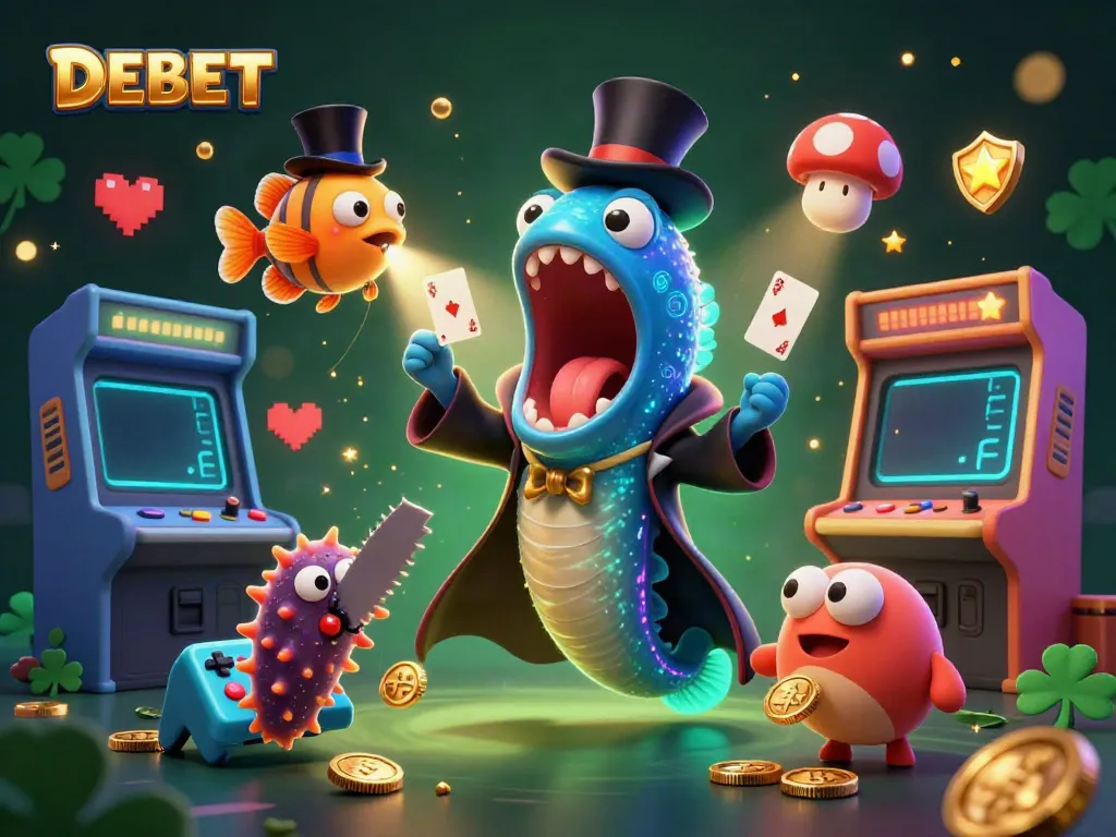 Experience thrilling DEBET gaming adventures with colorful casino-themed characters and vibrant game elements.