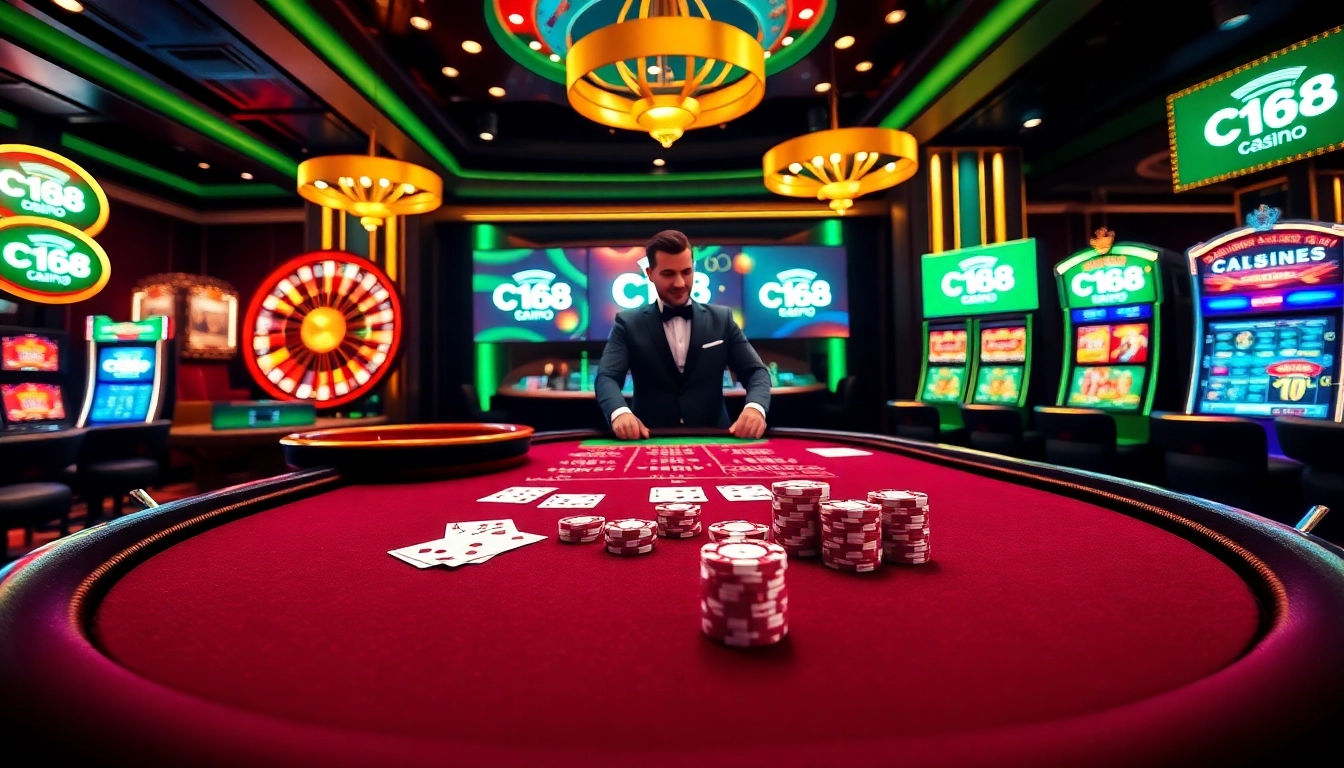 Experience the thrill of C168 with a luxurious online casino setup showcasing vibrant gaming elements.