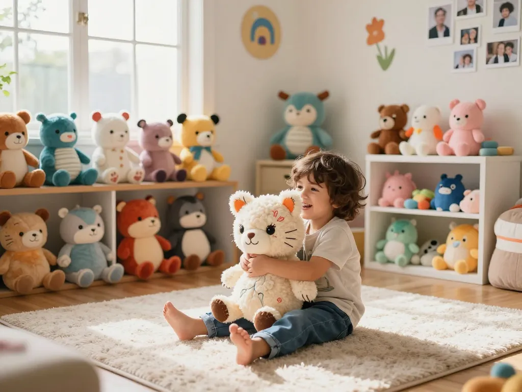 Child playing with custom plushies in a cozy living room, showcasing personalized designs and vibrant colors.