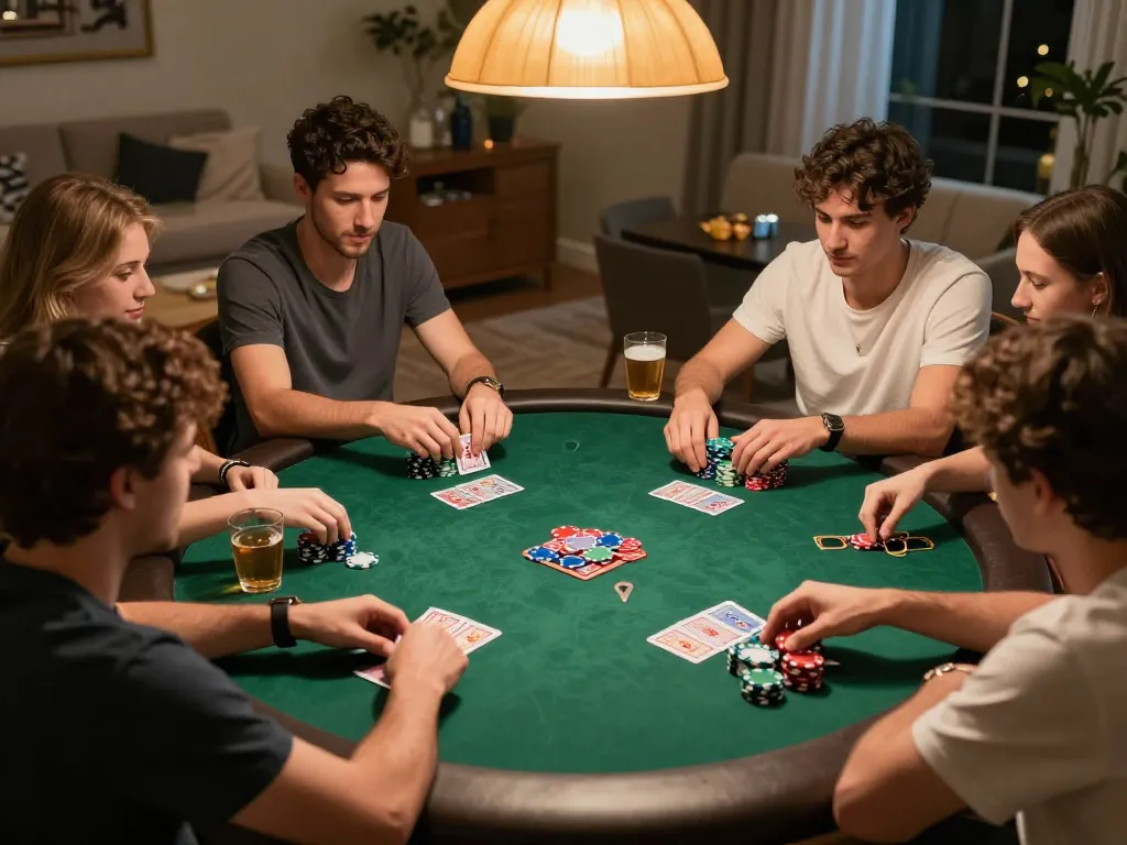 Friends playing Texas Hold'em at home during a lively poker night, showcasing Ko66 atmosphere and engaging gameplay.