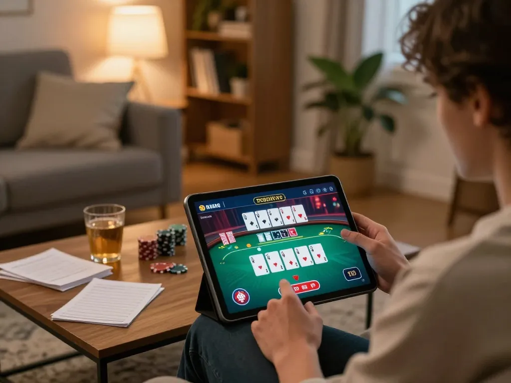 Player enjoying an engaging AE888 online poker game on a tablet in a cozy home setting.