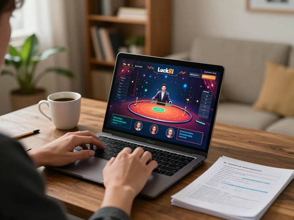 Engaging in luck8l online gaming with laptop, showcasing vibrant live dealer interface and cozy ambiance