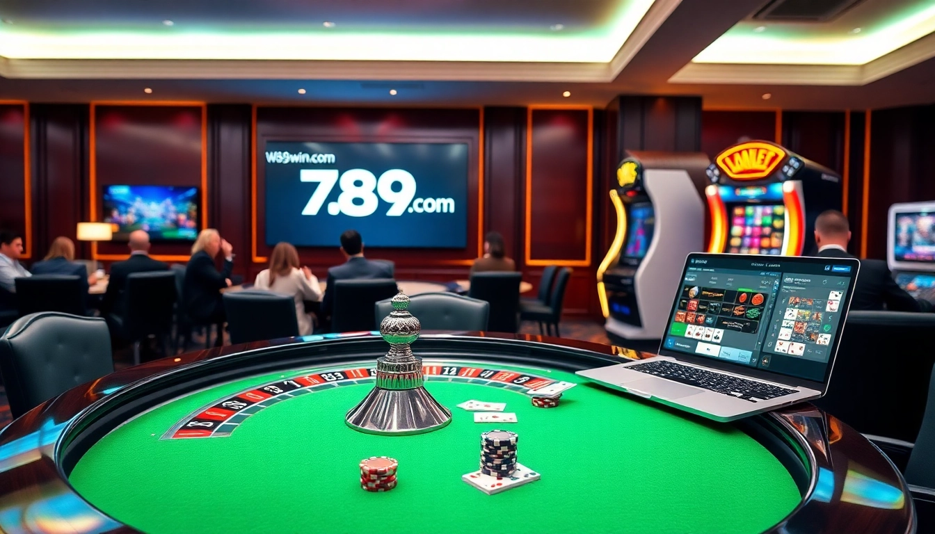 Players engaging with casino tables at 789win.com, showcasing a vibrant roulette and slot machines.