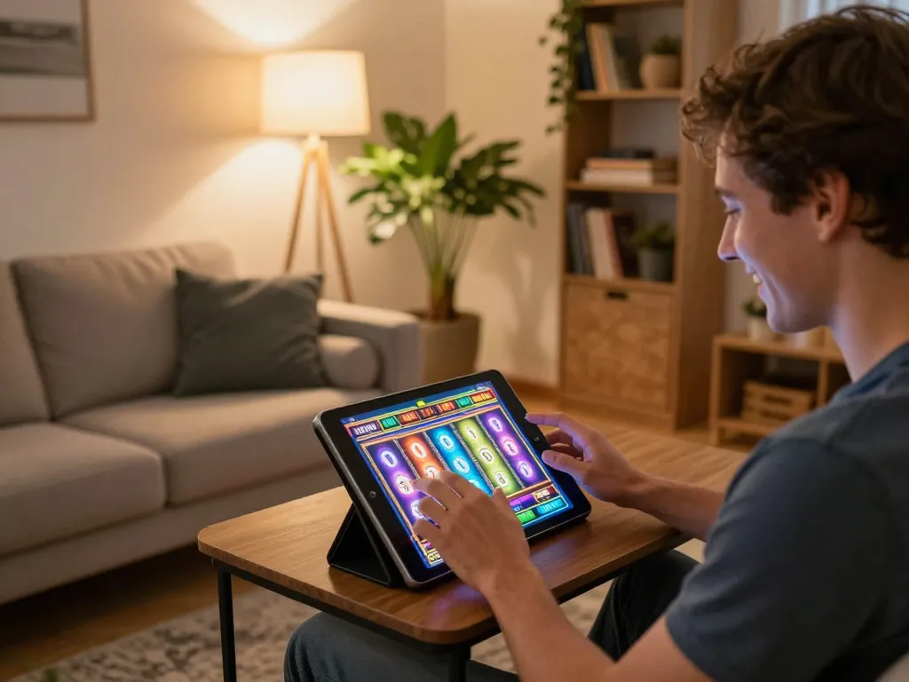 Player engaging with tg88 online slots on a cozy tablet setup, enhancing gaming experience