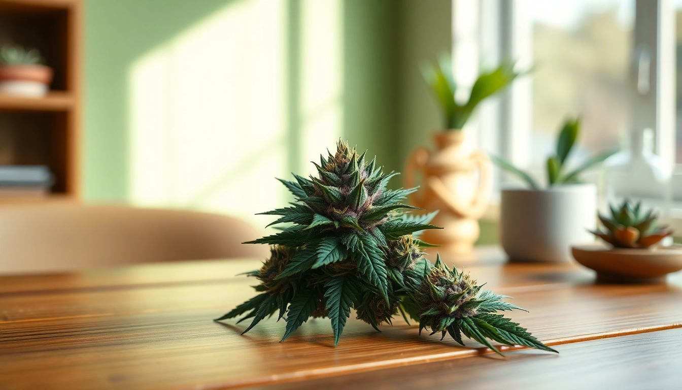 Buy High-Quality Cannabis UK with a stunning close-up of premium cannabis buds on a wooden table.