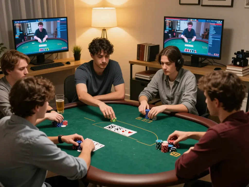 Players strategizing during an intense online poker game at SC88 in a cozy home setting