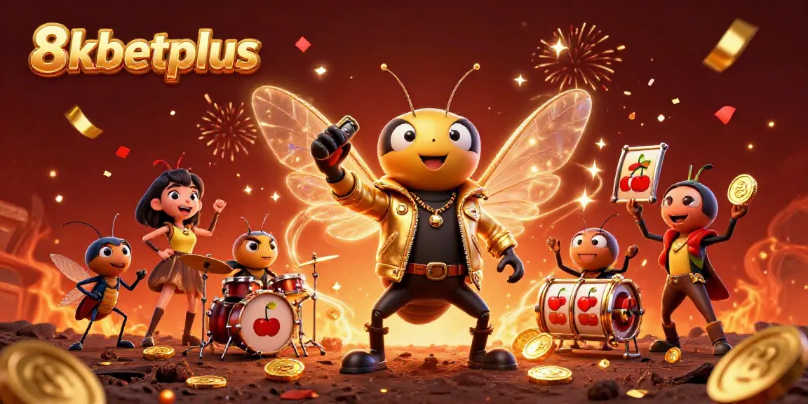 Experience 8xbetplus excitement as a cicada rock star leads a vibrant casino celebration.
