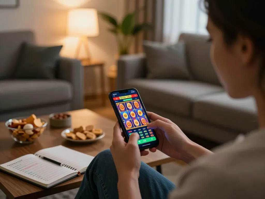 Player using the kim66 app for online slots in a cozy living room setting