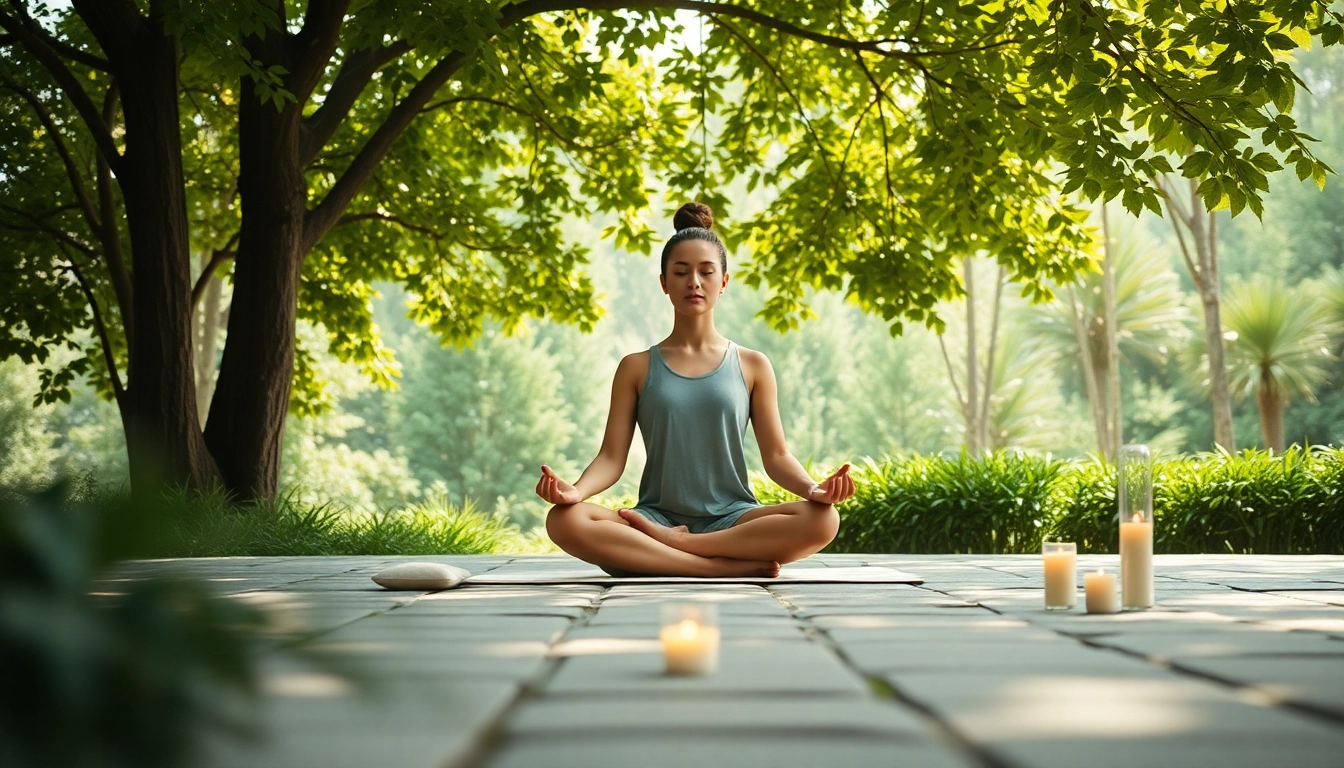 Engage in mental wellness through meditation in a serene outdoor environment with greenery.