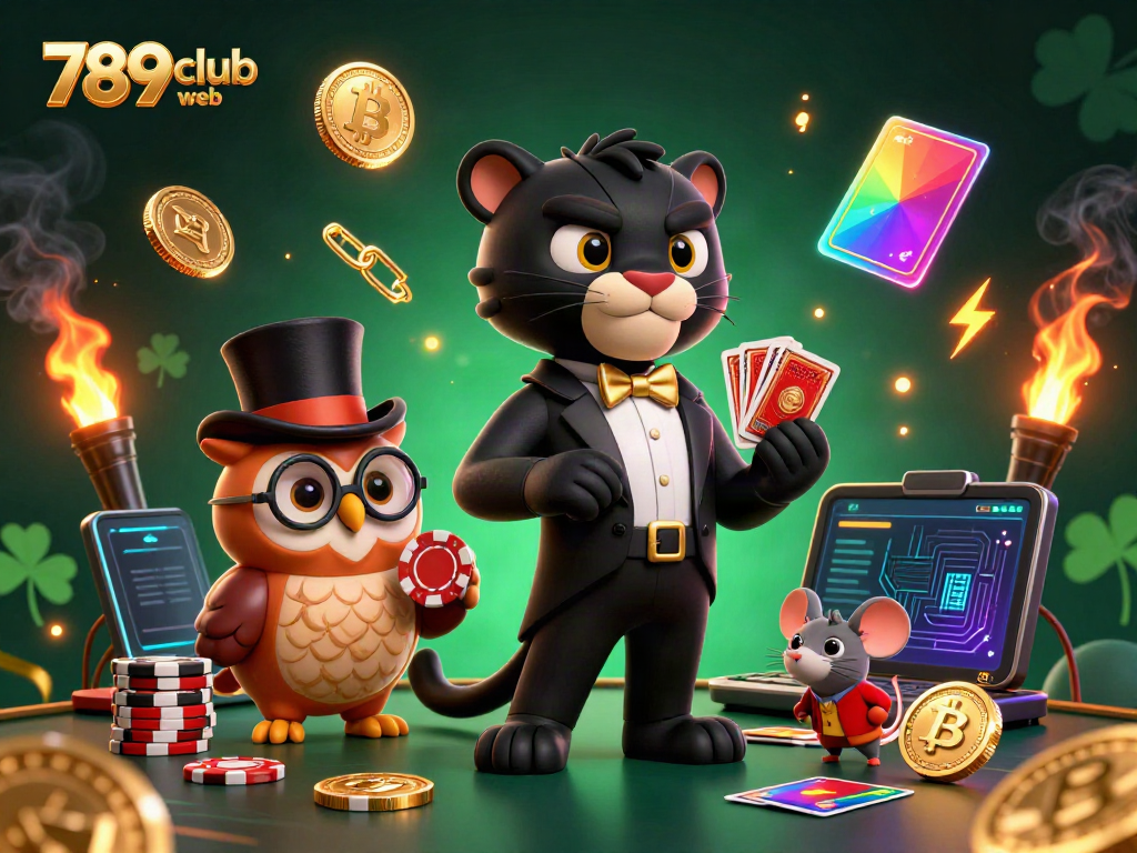 Engage with 789club web and enjoy an exciting card game illustrated by a tuxedo-clad panther with poker chips.