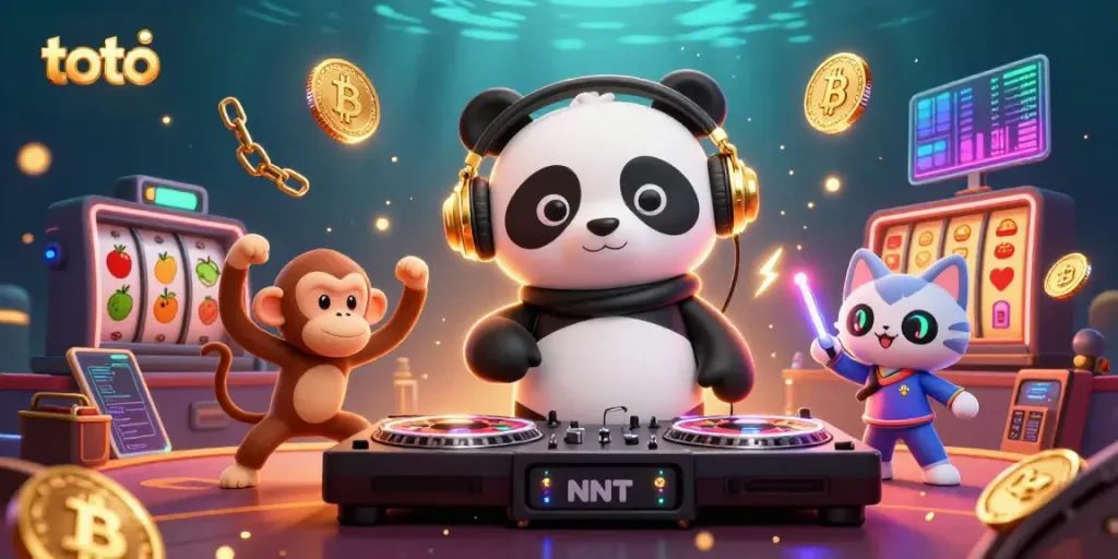 Toto-themed dynamic casino scene with a DJ panda, breakdancing monkey, and a rave kitten spinning excitement in an energetic environment.