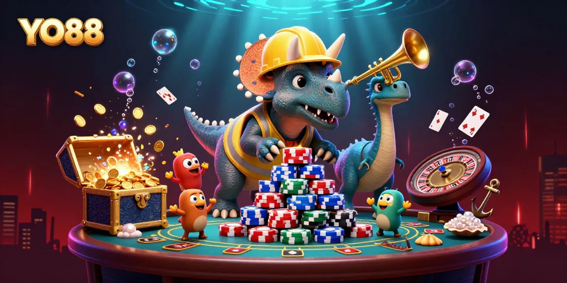 Engage with YO88's vibrant casino world, featuring playful characters celebrating with poker chips and game elements.