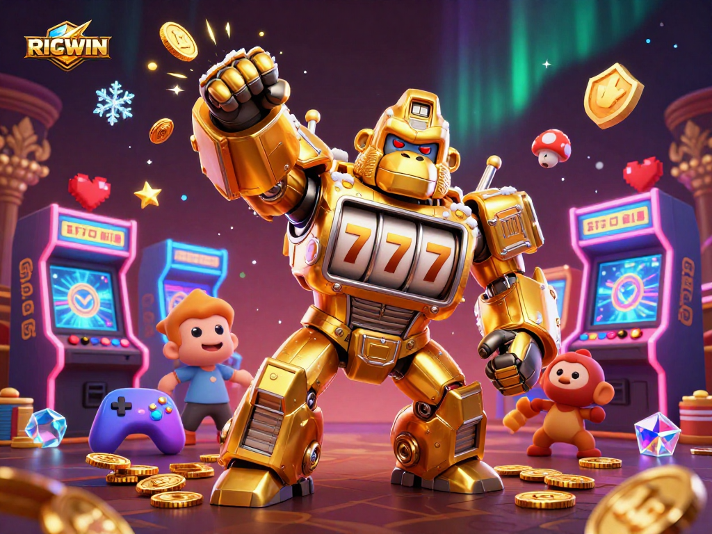 Experience RICWIN with a dynamic 3D illustration of a golden gorilla mech and exciting game elements.