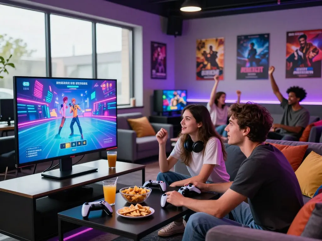 Engaged couple playing a thrilling porn game in a cozy digital lounge, vibrant atmosphere enhancing gaming experience.